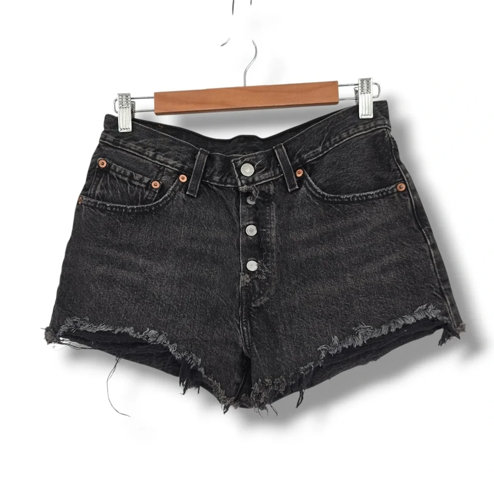 Levis‎ 501 Original High Rise Button Fly Black Denim Cut Off Shorts Womens 27